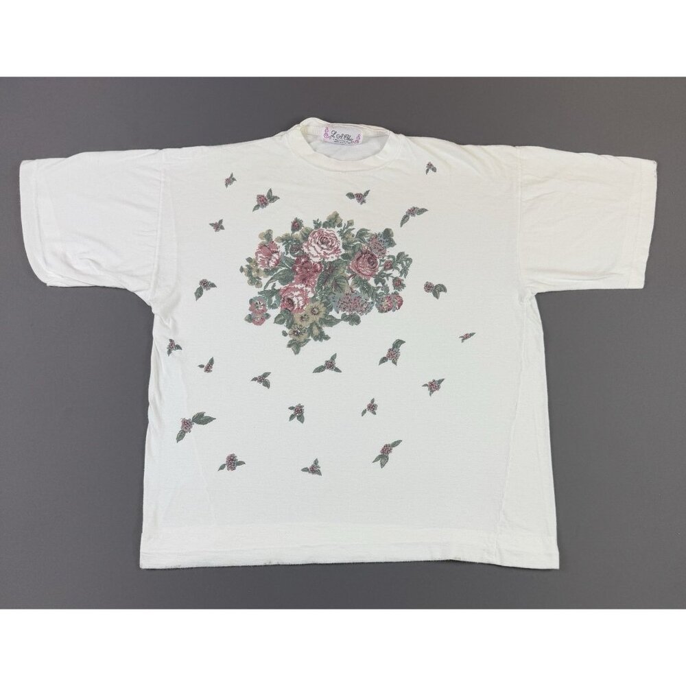 Vintage 90s Flower Roses Art AOP White Shirt Womens Large USA Made Rare